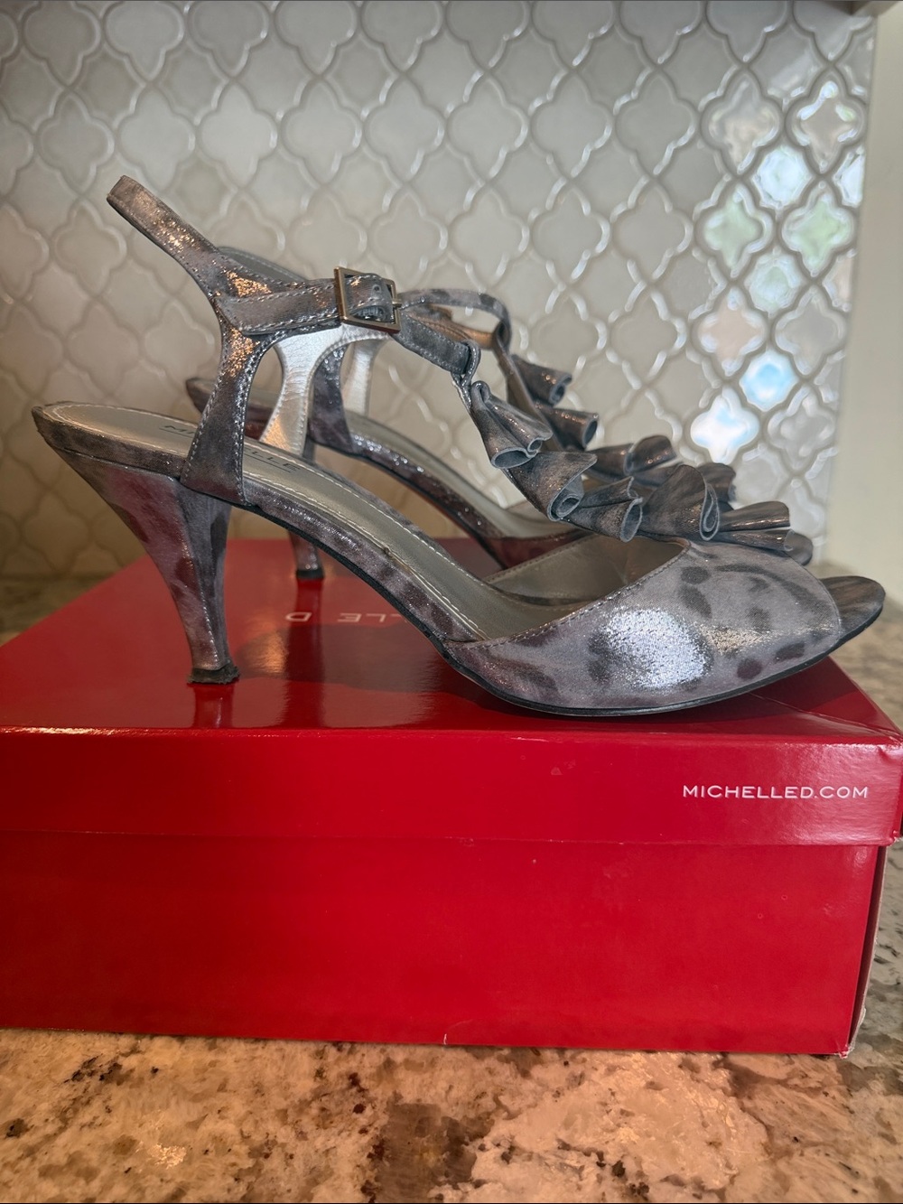 Michelle D Metallic Silver Ruffle Front Open-Toe Heels - Picture 2 of 5
